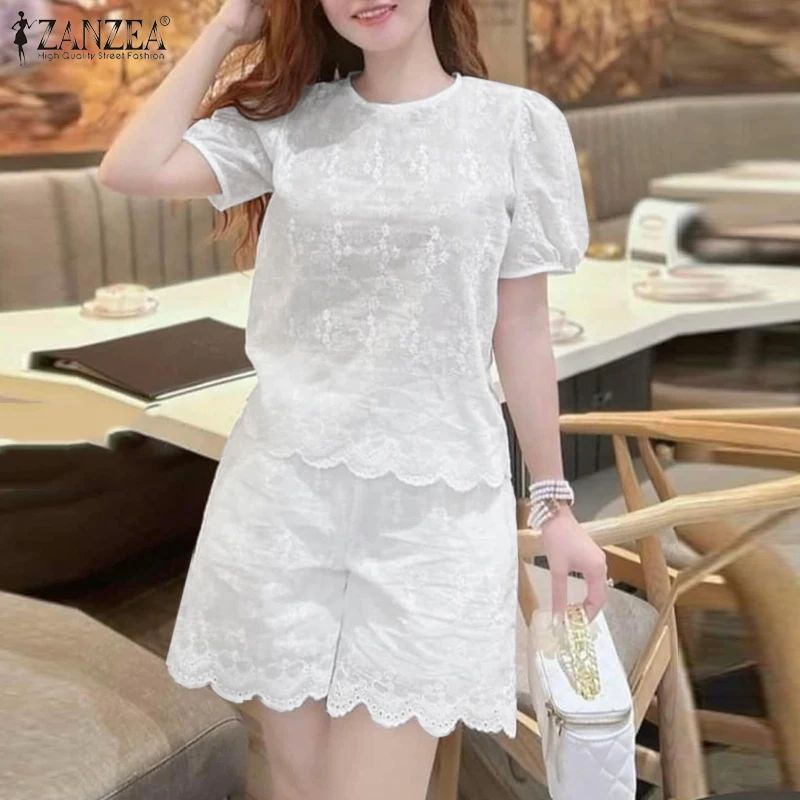 

Fashion Summer Outfits ZANZEA Women Embroidered Floral Tracksuit Elegant Short Sleeve Hollow Out Blouse Short Sets Matching Sets