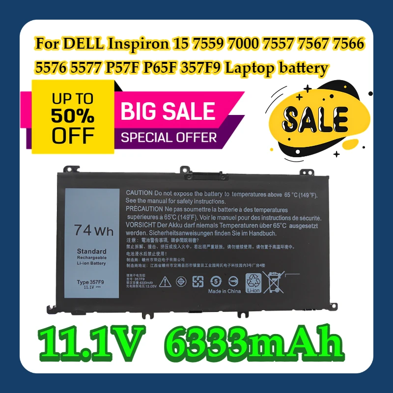 

Аккумулятор для ноутбука DELL Inspiron 15 7559 7000 7557 7567 7566 5576 5577 P57F P65F 11,1 В 74 Втч 357F9