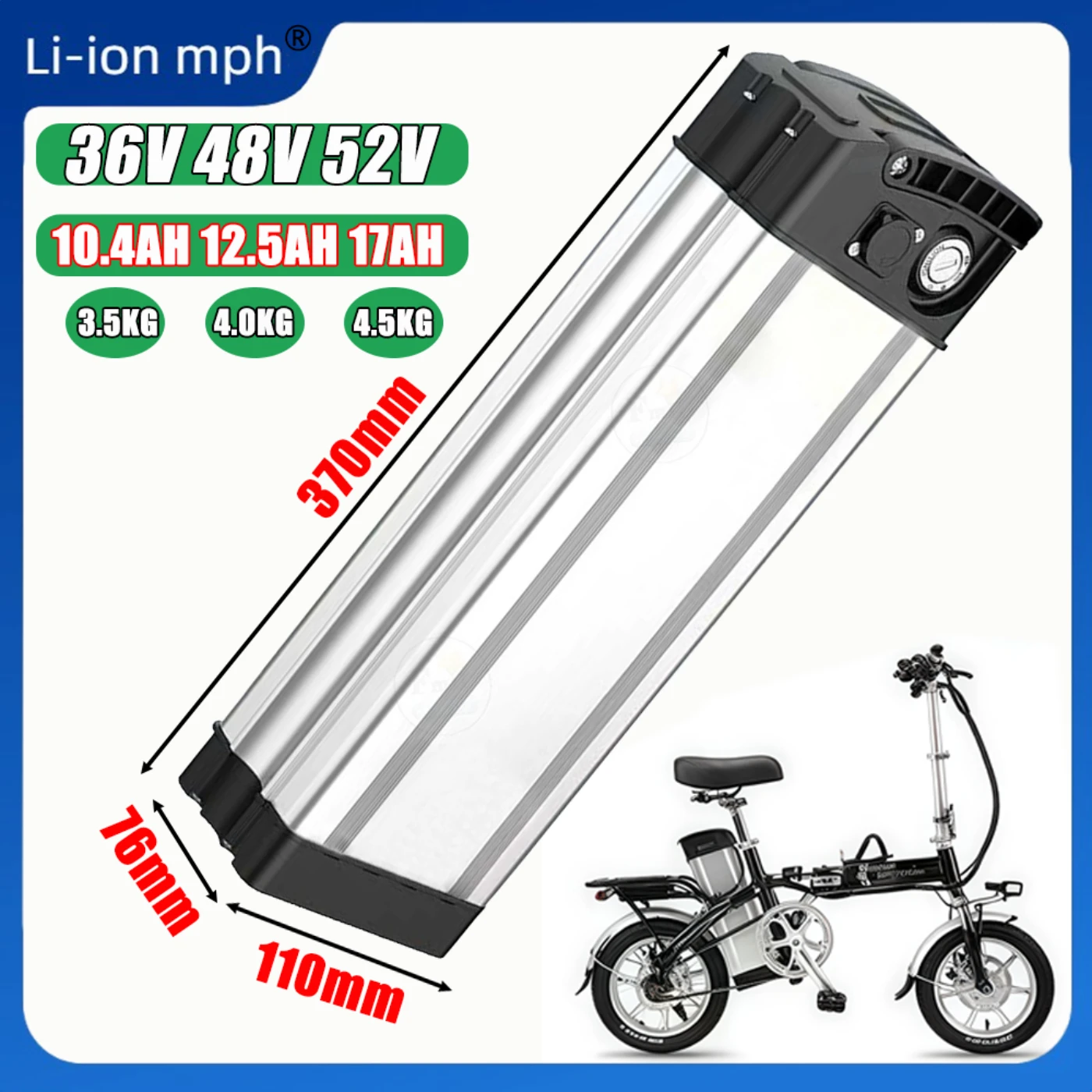 

New 36V,48V,52V 10.4ah-17ah 100% real capacity 18650 Lithium Battery, Battery Pack Suitable for Silver Fish, 2000W +charger