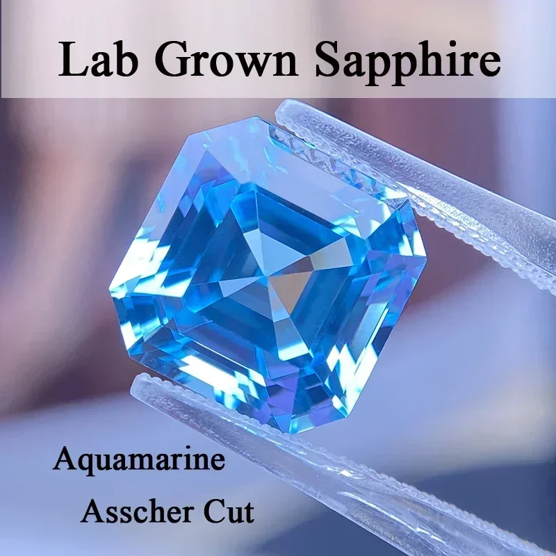 ALab Grown Sapphire Asscher Shape  Aquamarine Color VVS1 Charms for Jewelry Making DIY Ring Necklace Earrings Main Materials view 2