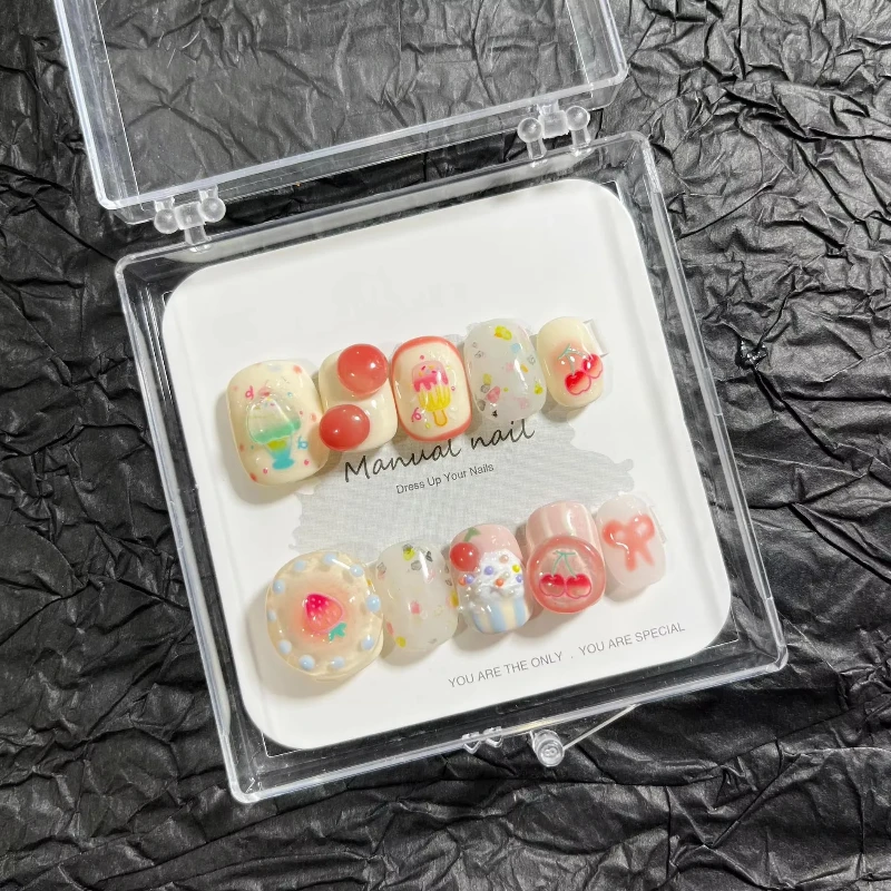 Summer Press On Nails Handmade Cute Ice Cream Strawberry Translucent Jelly Short Round Wear False Nail Patches Removable