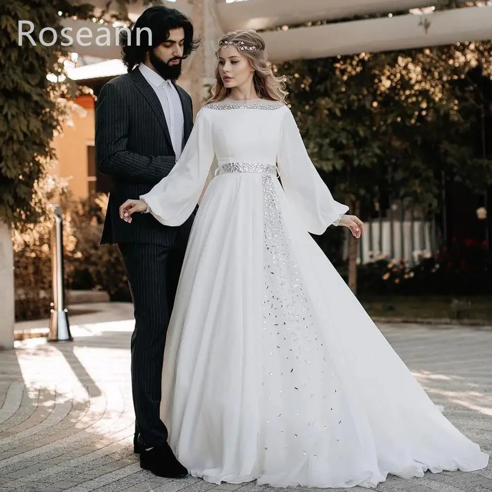 

Muslim Ivory A-line Wedding Dresses O-Neck Full O-Neck Applique 2023 New Design Brideing Gown Tulle Rhinestone robe de mariée