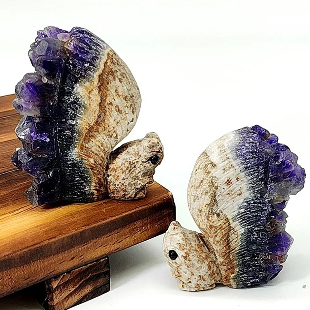 

Handcarved Squirrel Sculpture Natural Uruguay Amethyst Cluster Quartz Crystal Statue Mineral Specimen Decor