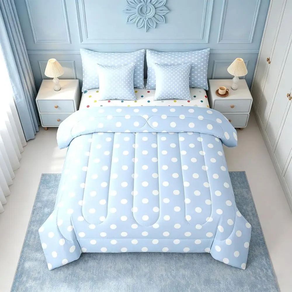 

King Size Polka Dot Comforter Set, Blue and White Geometric Bedding, All-Season Bed in a Bag with Sheets and Pillowcases, Suitab
