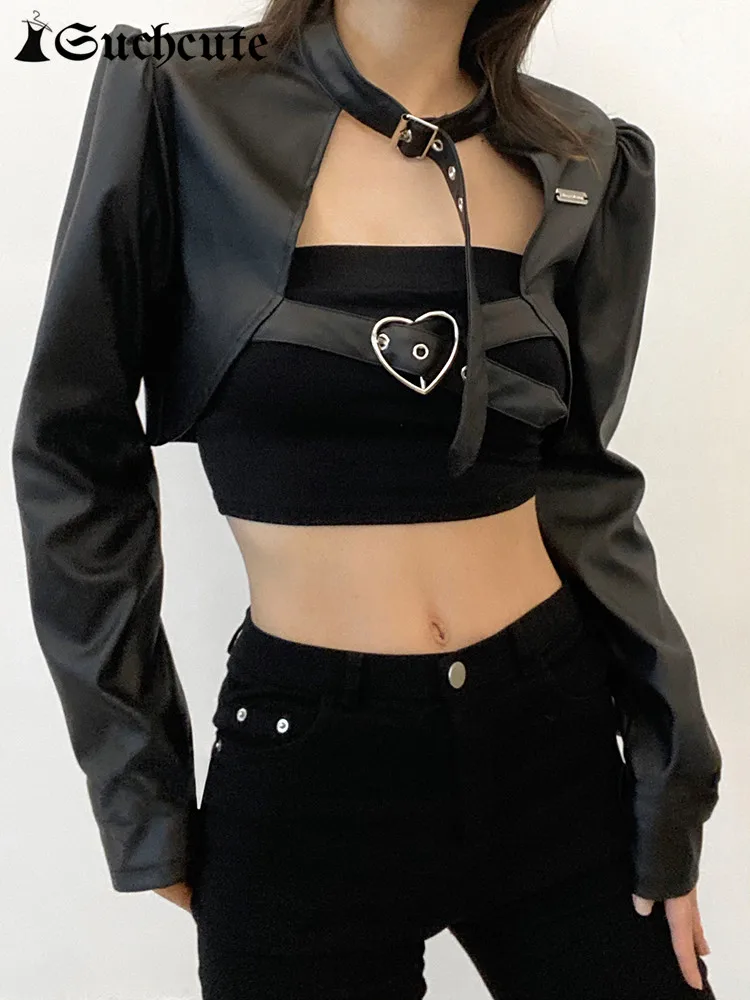 SUCHCUTE Gothic Bandage Leather Jacket Women Winter Punk Style Streetwear Crop Cost Dark Academic Long Sleeve Slim Black Outwear