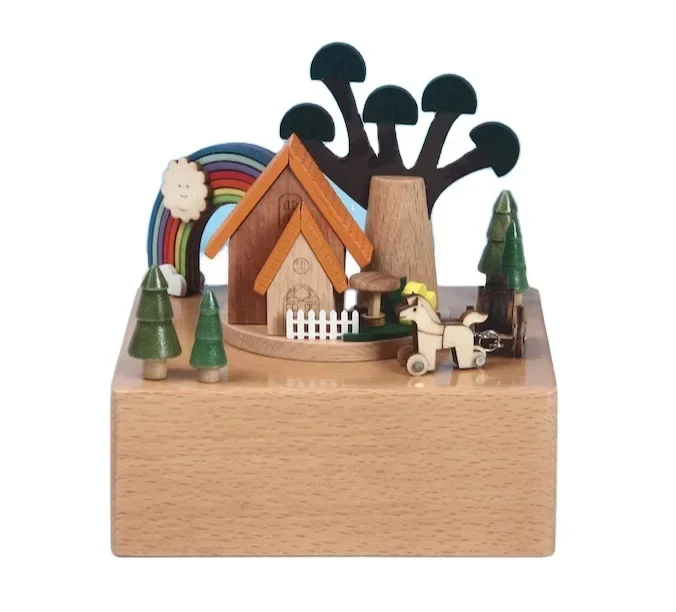 Rainbow House Vintage Music Box Baby Music Box with Rotating Carriage Select Your Melody Custom Wooden Music Box