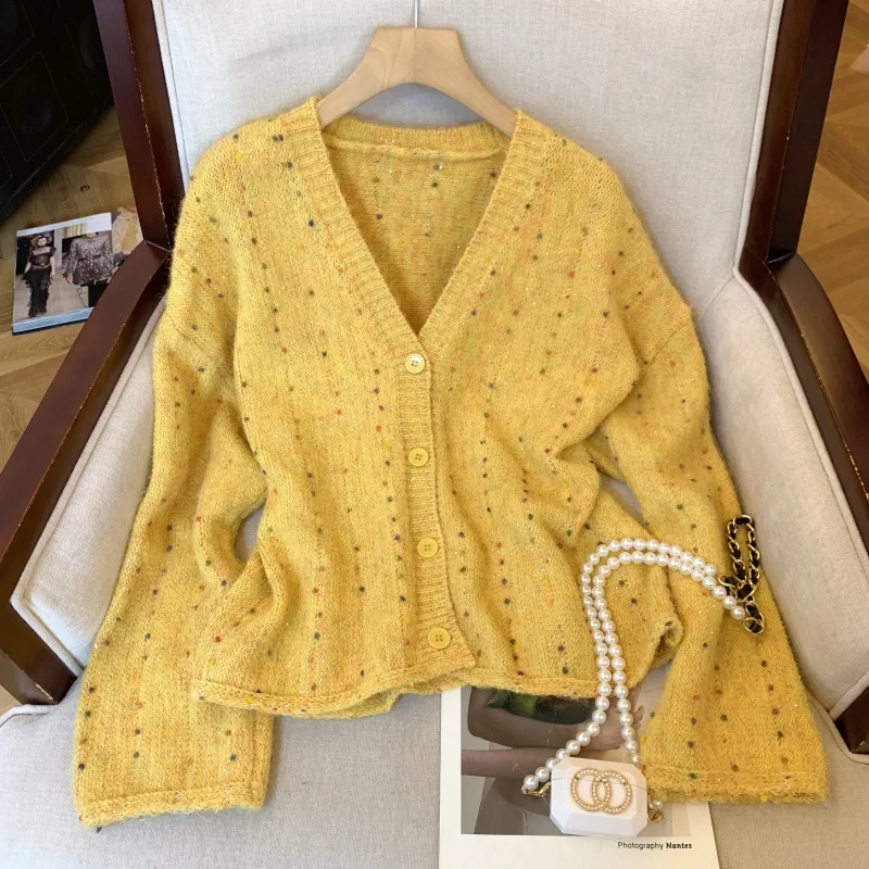 

Women's Yellow V-Neck Knit Cardigan Japanese Sweater Vintage 2000s Jumper Knitwear Long Sleeves Cashmere Sweater Autumn Winter