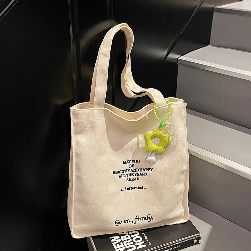 

New Embroidery Letter Shoulder Bag Women Canvas Top Handle Bag Large Capacity Student Comfortable and Versatile Texture Book Bag