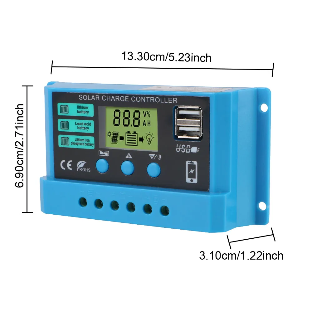 PWM Battery Charger LCD Display Solar Regulator Dual USB Solar Controller 12V/24V Auto 5V Output 30A 20A 10A