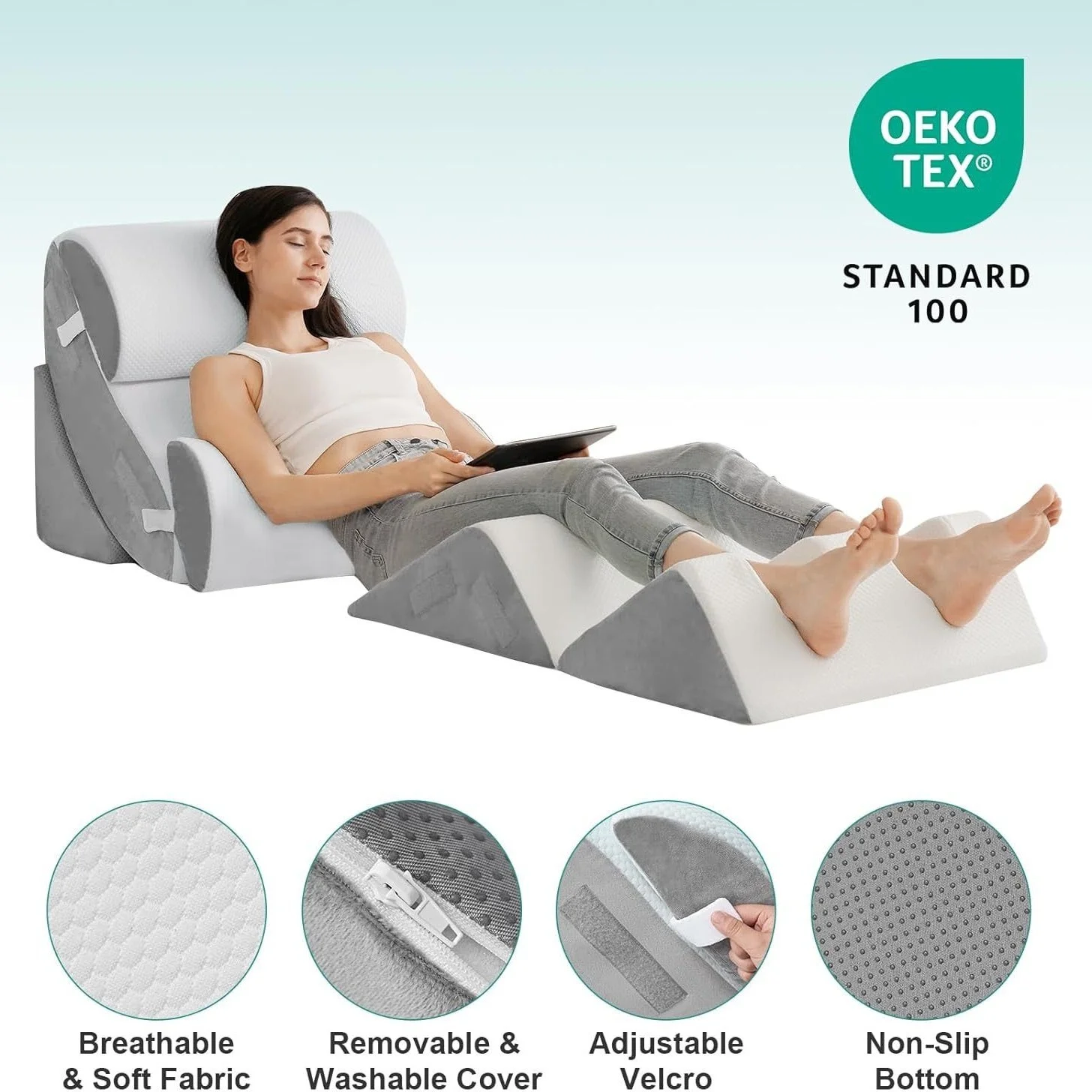 Adjustable Bed Wedge, 6-Piece Memory Foam  Pillow Set, 200TC Thread Count, Back Pain Relief, Neck Support