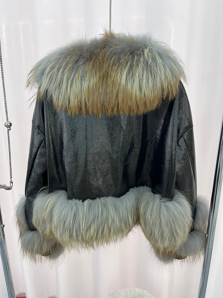 2024 New Winter Natural Raccoon Fur Collar Coat Women\'s Genuine Sheepskin Leather Jacket Luxury Coat Outerwear Female Coat