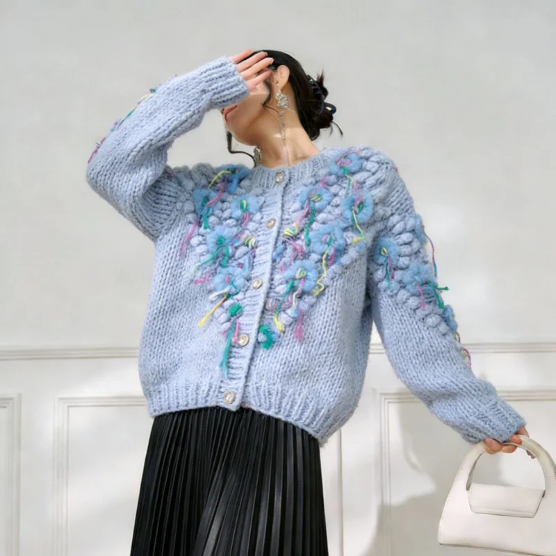

Heavy-duty hand-knitted chunky crochet three-dimensional floral knit cardigan women, thick sweater