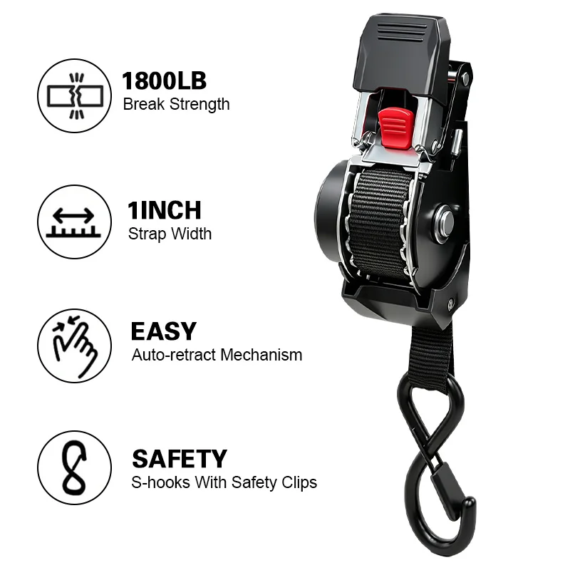 2x Single Hook Bolt-on Auto Retractable Ratchet Straps 1 Inch Tie Down Straps for Boats Jet Skis Motorcycles ATVs view 3