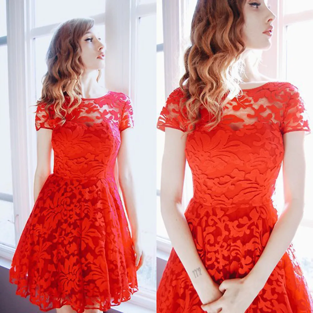 

2024 new women's temperament fashion round neck short sleeve lace dress women's slim lace neckline knee-length dress