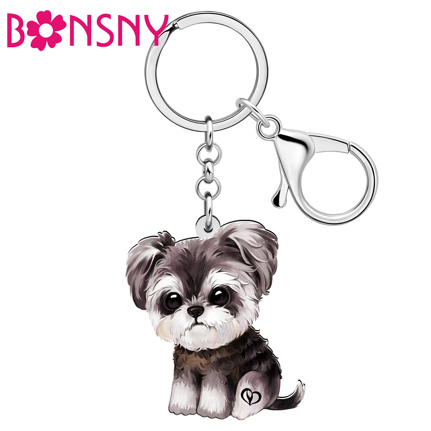 BONSNY Acrylic Adorable Plush Schnauzer Doggy Puppy Keychains Car Bag Key Ring Accessories For Women Kid Dog Lovers Pets Gifts