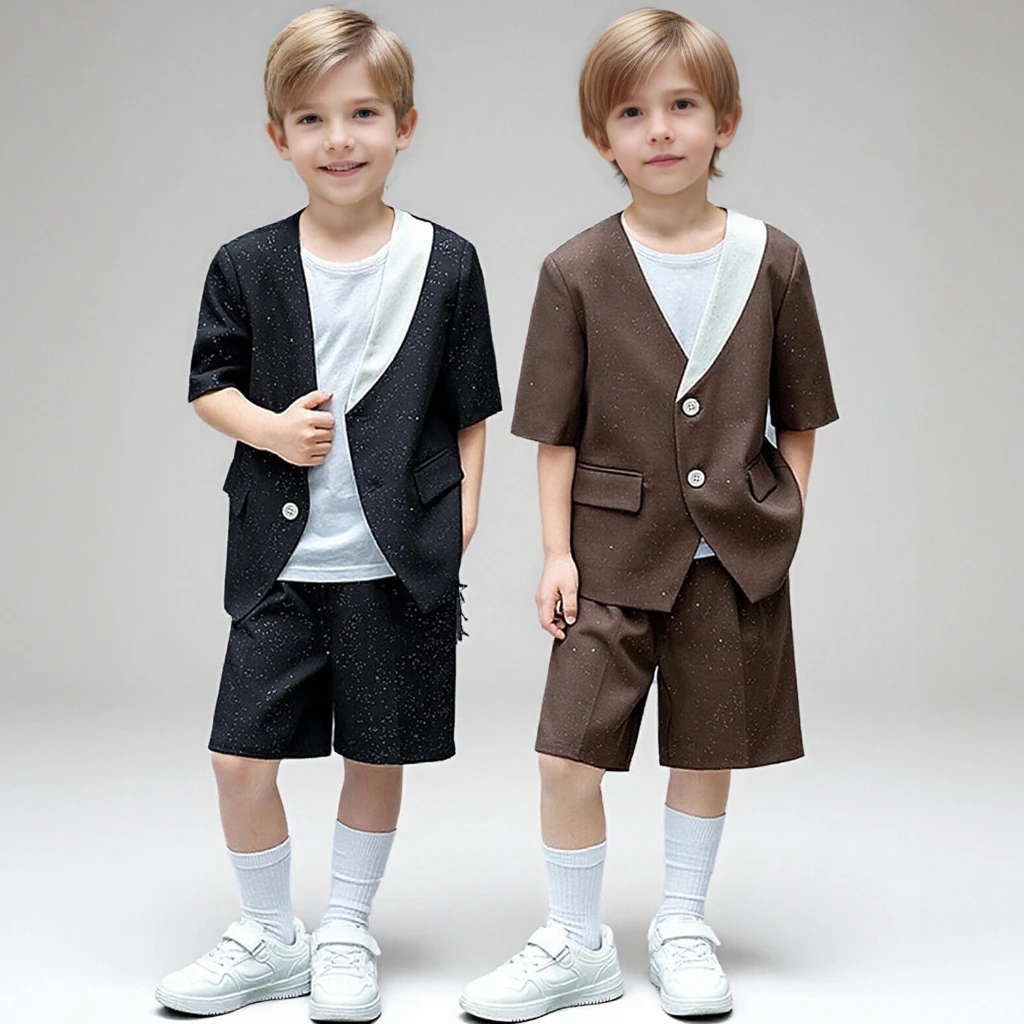 

Boys Summer Short-Sleeve Suit Set Fashion Host Performances Costume for Children White Formal Flower Boy Weddings Outfit 12 13 Y