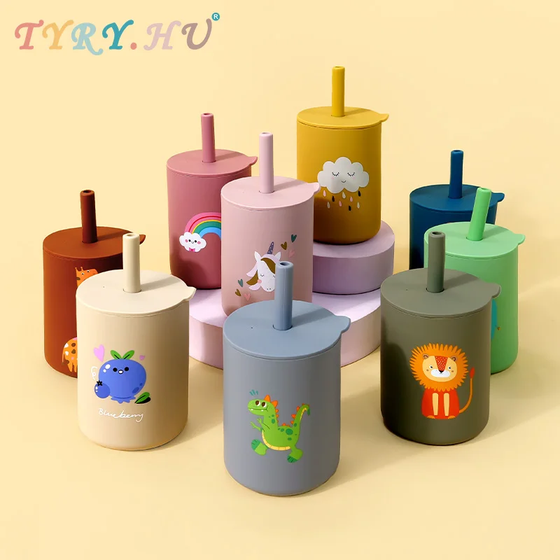 كوب بقشة لتغذية الأطفال، زجاجات تغذية تعلم الطفل، أدوات مائدة سيليكون مضادة للتسرب، زجاجة مياه للأطفال الصغار