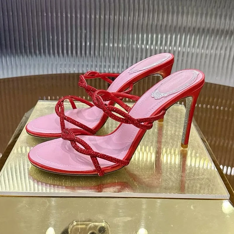 Summer Open Toed Thin High Heel Crystal Slippers Women Bling Bling Rhinestone Fashion Sandals Ladies Banquet Dress Shoes 2025