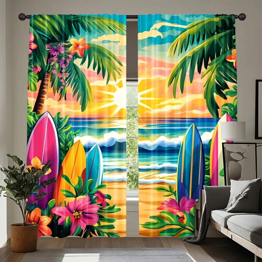 Tropical Beach Curtain, Surfboard Palm Tree Print Drapes Ocean Sunset Window Curtains, Hawaiian Style Living Room Bedroom Decor,