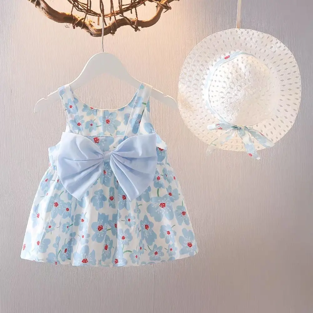 

Мягкое платье принцессы с бантом для маленьких девочек, летнее хлопковое платье с цветочным принтом и шляпой, милое детское платье с цветочным узором без рукавов, летнее