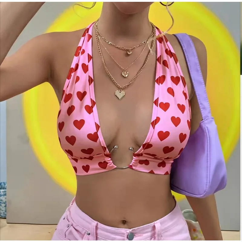 

Sexy Backless Pink Crop Top Y2k Fashion Women Clothes Summer Heart Print Graphic Vest Beach Holiday Halter Tank Tops Woman 2024