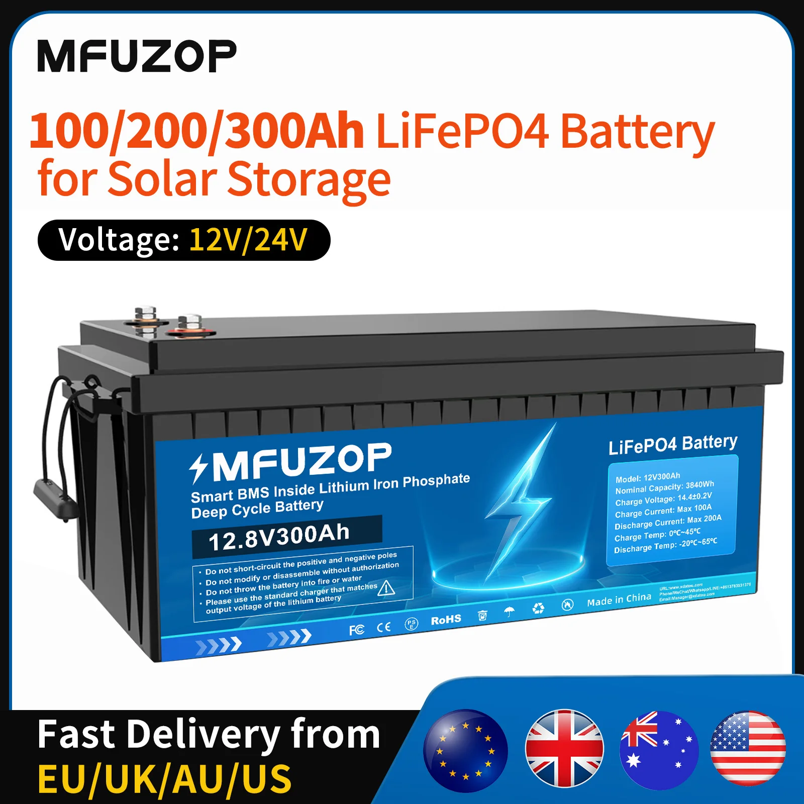 Batteria MFUZOP 12V/24V 100Ah LiFePO4 12V 200Ah 300Ah al litio con BMS migliorato 8000-15000 Cicli profondi Supporto in serie/Paral