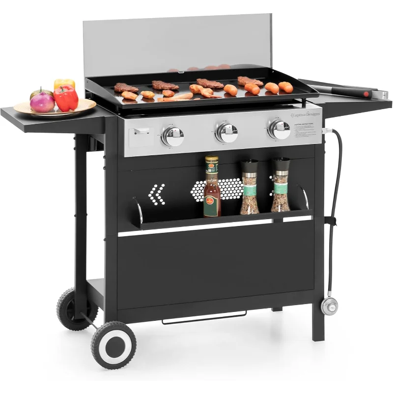 Captiva Designs 27-дюймовый гриль-гриль с плоским верхом и чугунной сковородой с керамическим покрытием, 3-конфорочный газовый гриль на пропане, 33000 БТЕ