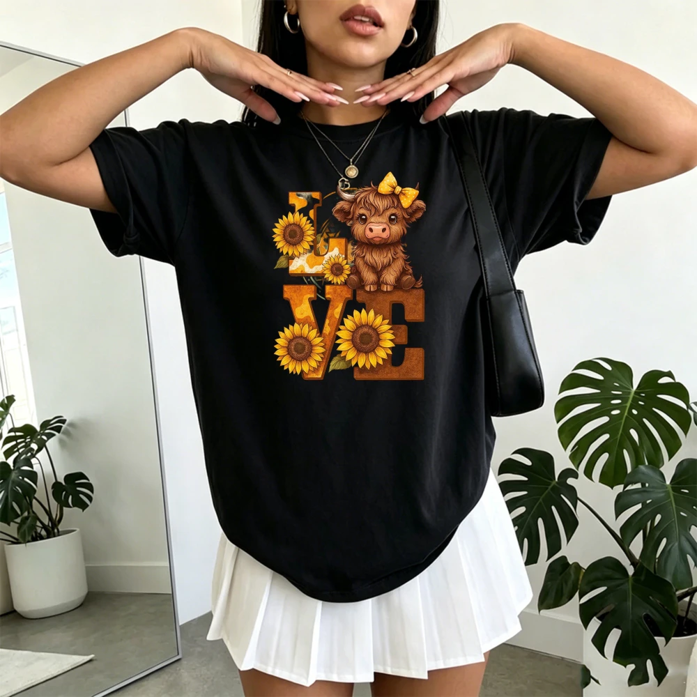 Love Highland Cow Women T Shirt Cute Cow Yellow Bow Sunflower Autumn Harvest Trendy Versatile Ladies Short Sleeve Outfit