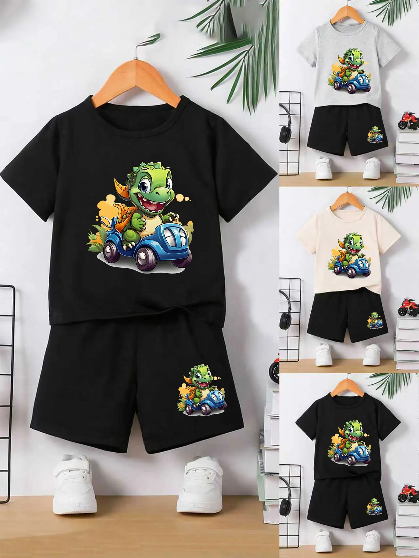 Boys' Playful Dino-Driving-Car Print Comfortable Clothing Set Kids Wear Soft Polyester Long Sleeve Zipper Closure Pants