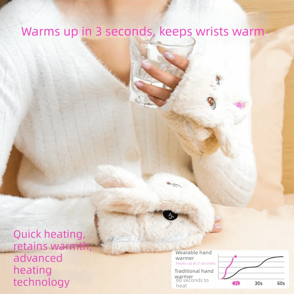 Dual-sided Heating Rechargeable Heated Gloves No Glove Removal Rapid Heating Up Cartoon Plush Hand Warmer