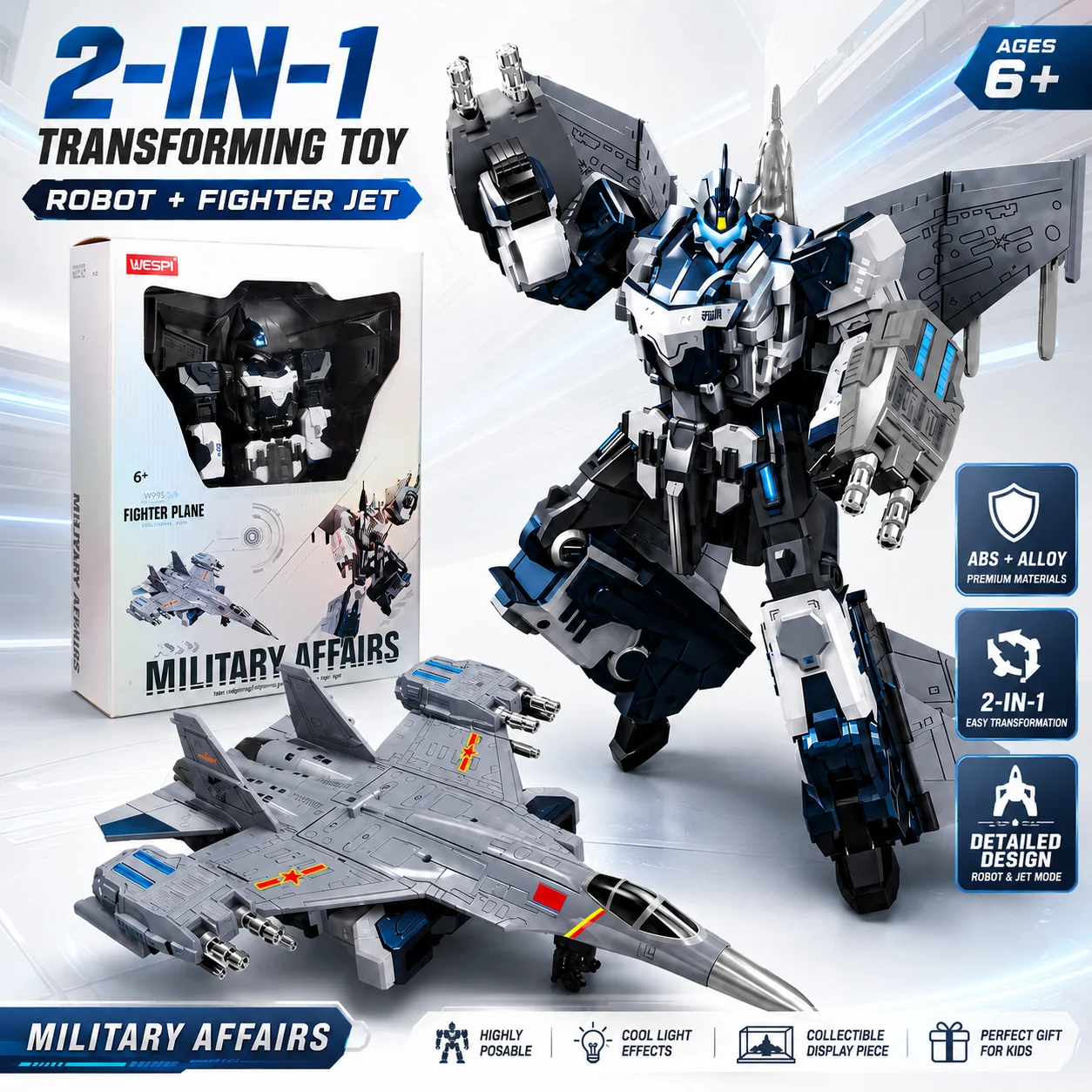 

Military Fighter Plane Transforming Robot Toy W995 ABS Alloy Jet Aircraft Mecha Model with Box 31.4cm English Version