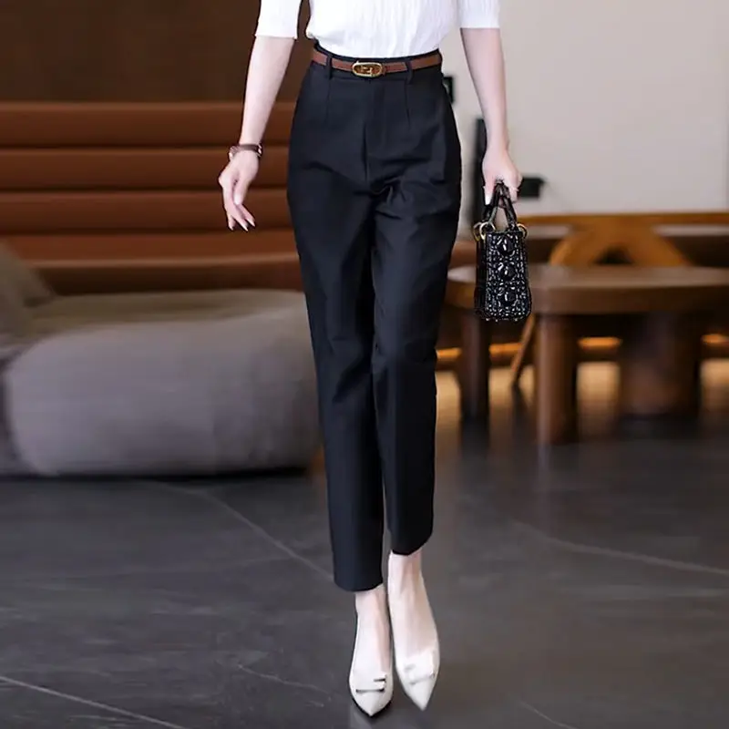 Office Lady Korean Fashion Women Suit Pants Spring Autumn Solid Slim Pencil Streetwear Casual High Waist Harem Cropped Trousers