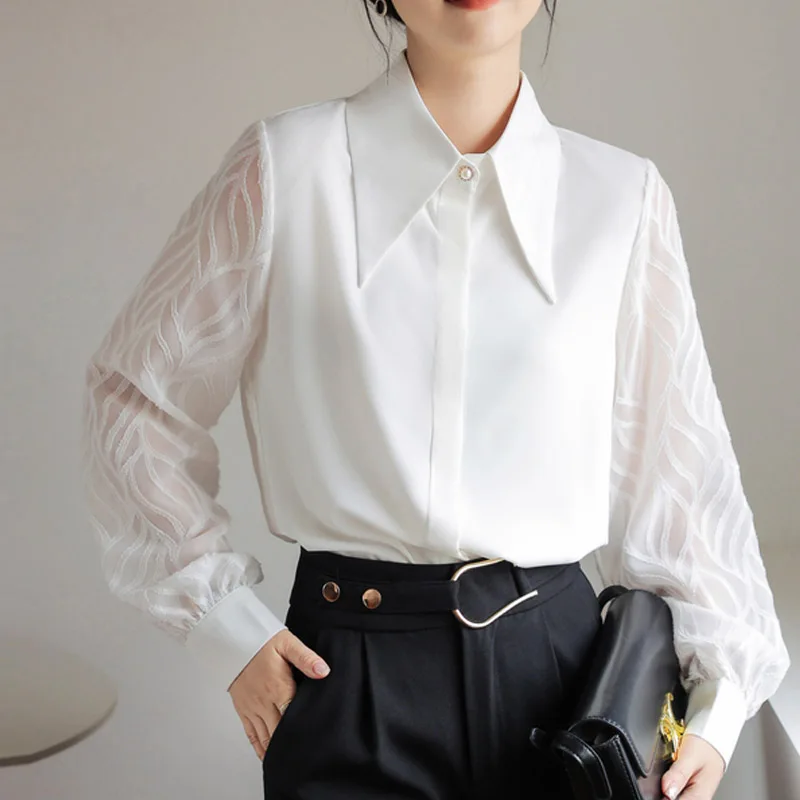 2023 New Autumn Polo Collar Chiffon White Women's Blouse Long Lantern Sleeve Korean Casual Loose Office Shirts Tops Female