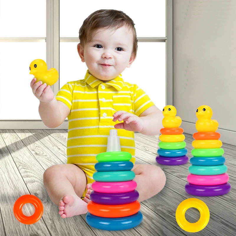 Pequeno pato amarelo arco-íris torre empilhamento círculo infantil, bebê educação infantil, quebra-cabeça anel, brinquedo montessoris para crianças