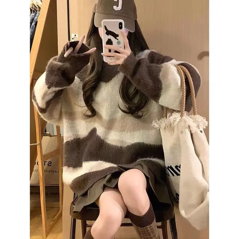 Loose Japan Style Vintage Fashion Lazy Patchwork Panelled Striped Sweater Women Autumn O-Neck Long Sleeve Screw Thread Knit Top