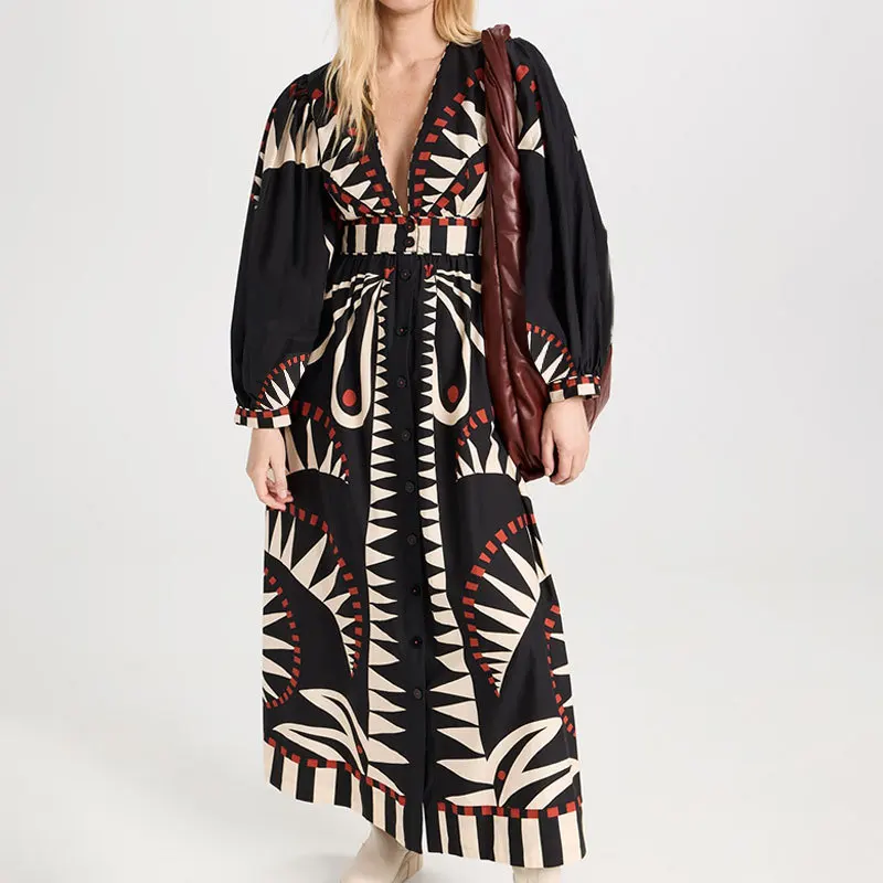 

European And American 2025 New Style Long Dress Retro Printed Long Sleeve Fashion V-neck Lantern Sleeve European And American Dr