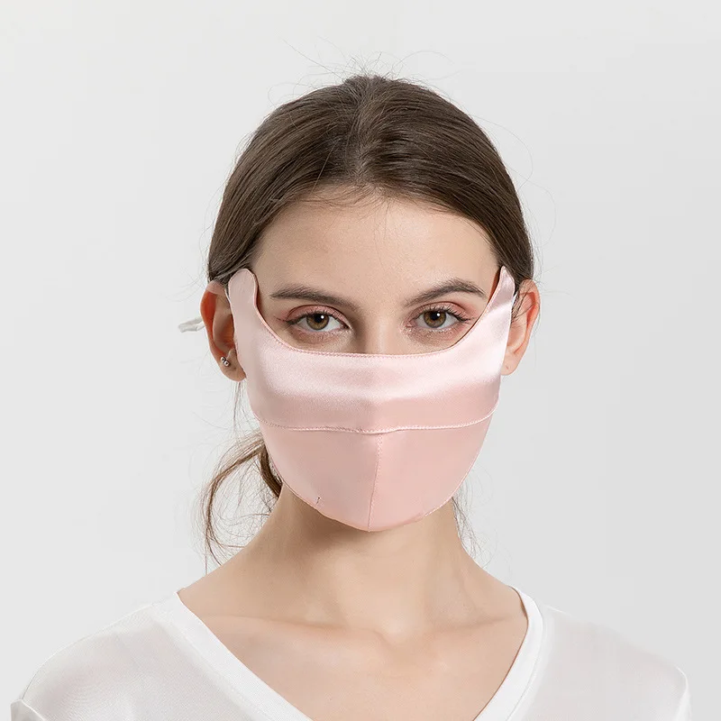 หน้ากากไหมหม่อนระบายอากาศได้ดีสำหรับผู้หญิงหน้ากากผ้าโปร่งสีพื้นแบบสามมิติแขวนที่หูได้ป้องกันแสงแดด