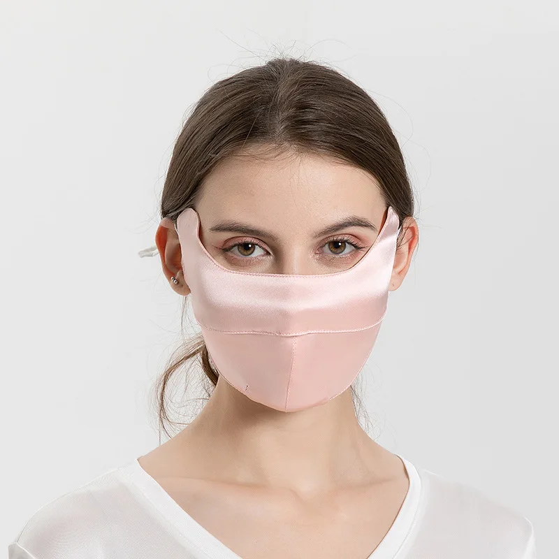 Maschera per la respirazione grande in seta di gelso protezione solare orecchio regolabile appeso pezzo per il viso stereoscopico per le donne maschere di garza di colore solido