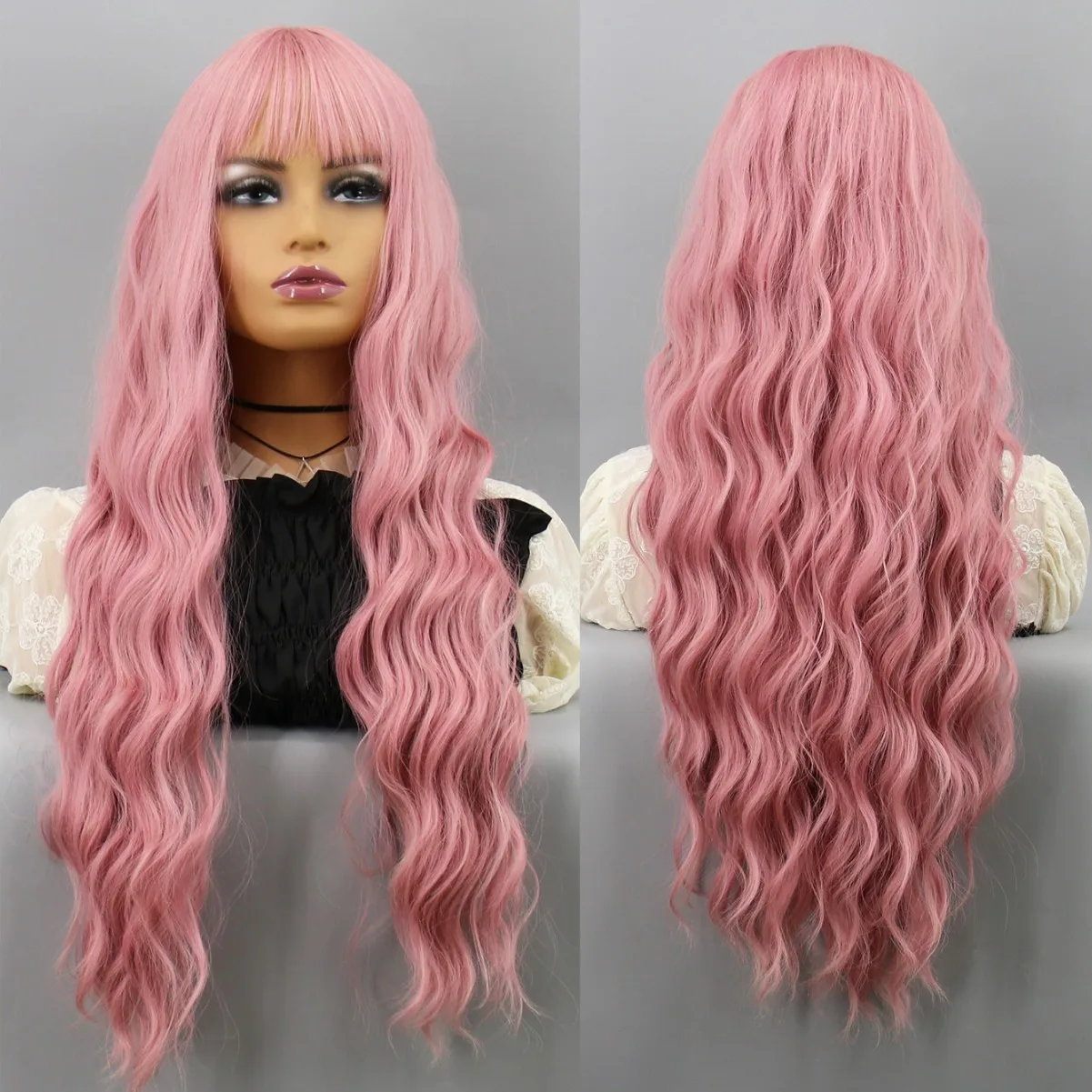 

New long wave curly bangs wig women's synthetic European and American cross-border high temperature silk fashionable pink headge