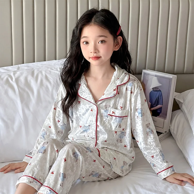 Girls PJ 2Pecs Sleepwear Set Kids Velvet Pajamas Suit Child Long Sleeves+Long Pants Set Princess Gifts Nightgowns Size 3-14Y