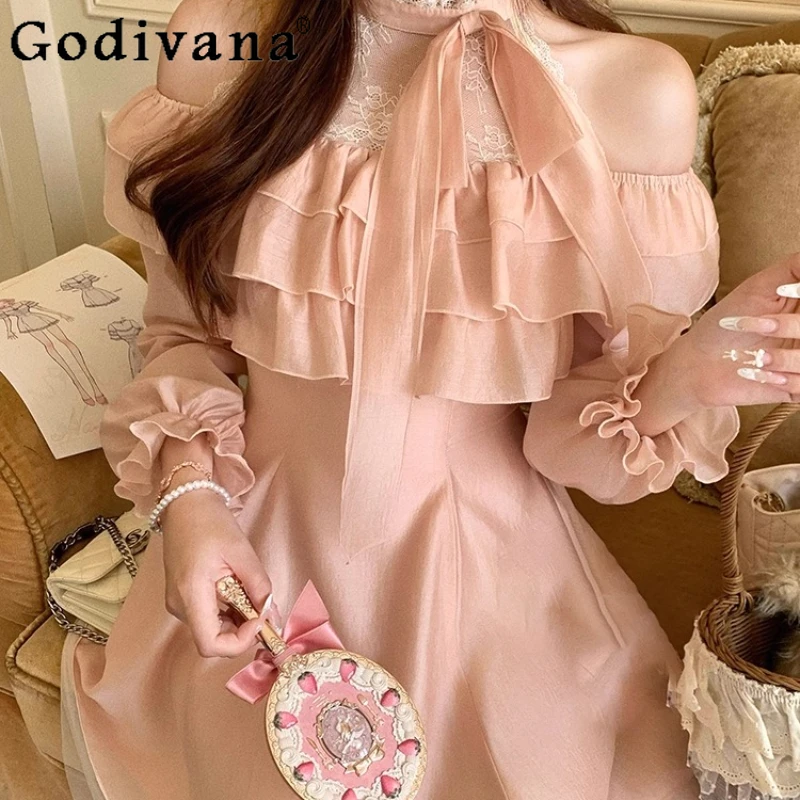 Fora do ombro renda malha retalhos vestido início do outono feminino claro suave multi camada plissado vestido meninas cintura vestido curto