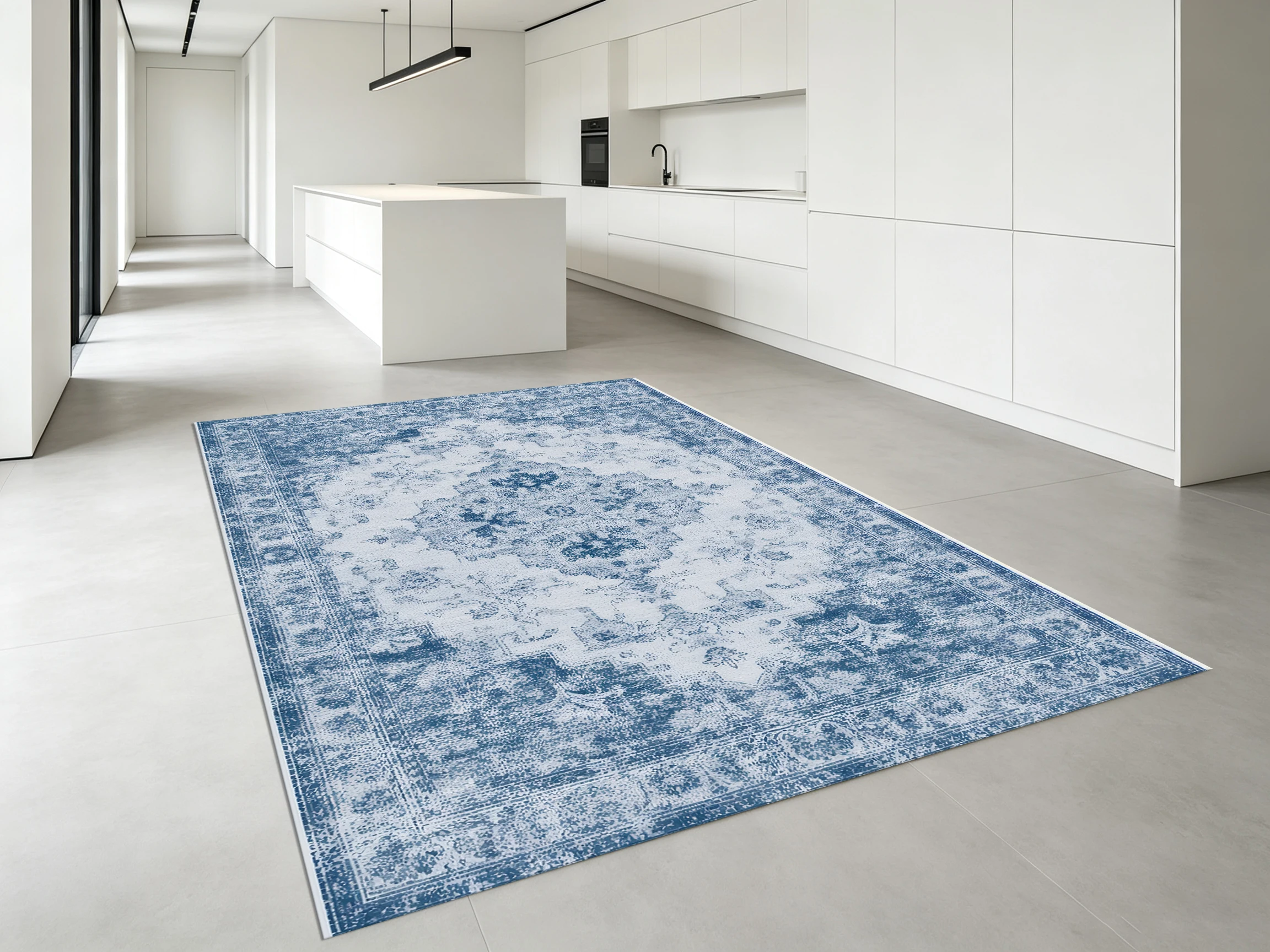 Blue‑White Vintage Floral Area Rug, Elegant Medallion with Distressed Border, for Autumn Winter Refresh, Decor for Bathroom, Living Room