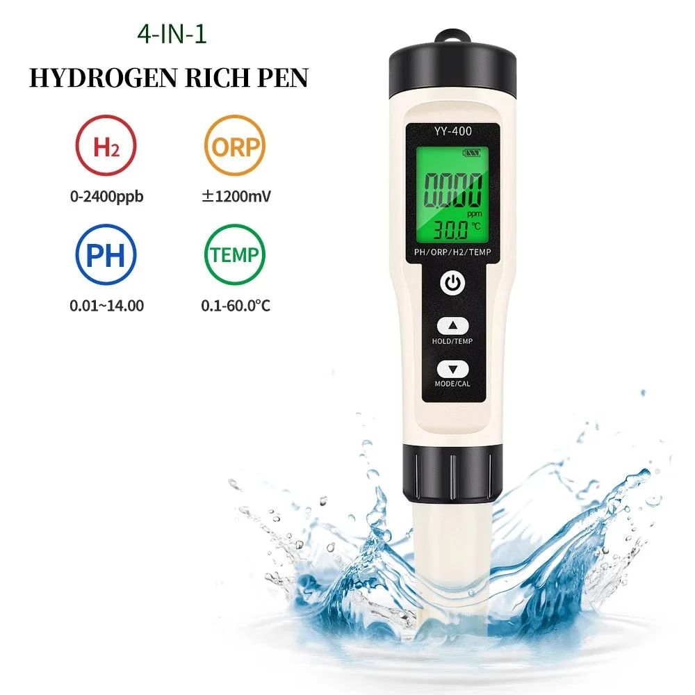 4-in-1 PH/H2/TEMP/ORP Tester Digital Hydrogen Ion Concentration Meter Water Quality Monitor for Aquarium Swimming Pool