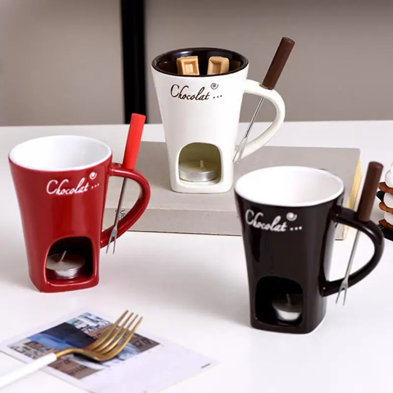 Hot Pot Ceramic Melting Cup Chocolate Melting Ceramic Mug Tea Candle Fondue Set Ceramic Mug with Fork Creative Tableware