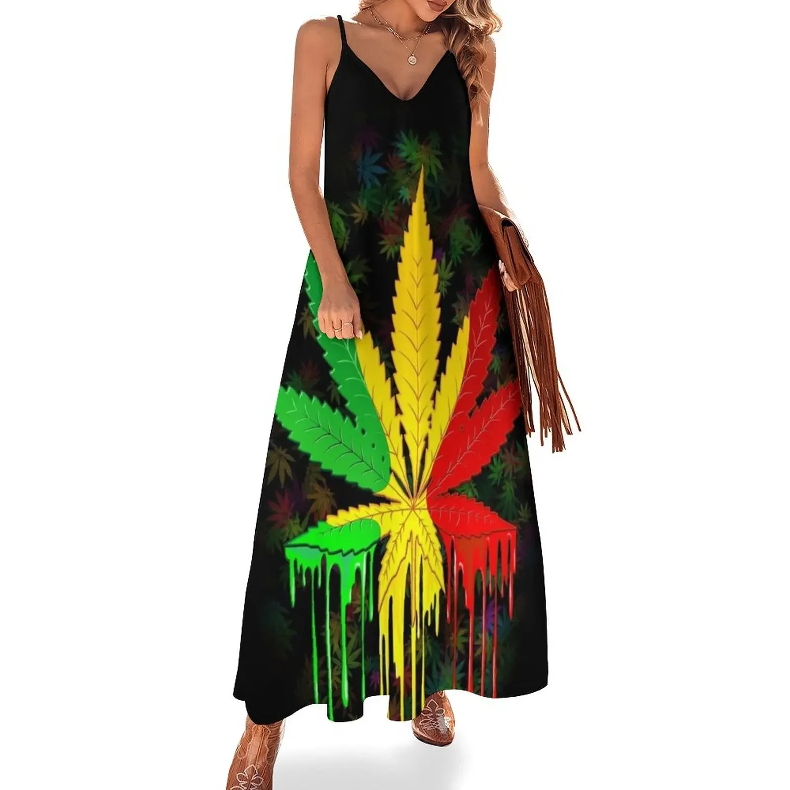 

Leaf Rasta Colors Dripping Paint Sleeveless Dress birthday dress women dress women clothes Womens dresses