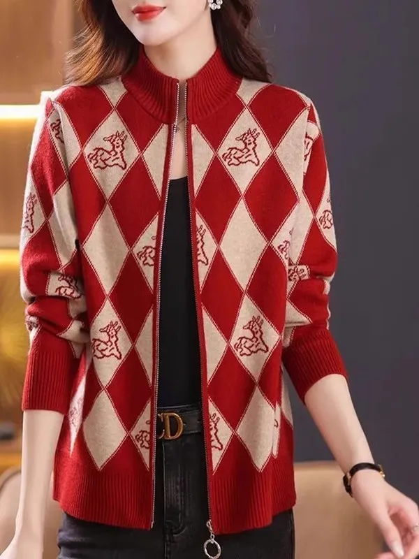 Women's Zipper Cardigan Sweater Jacket Short Loose Diamond Pattern Long Sleeve Knitted Open Cardigan Outerwear Spring Autumn