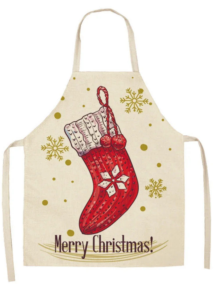 Christmas Santa Claus Pattern Ladies Hands Sleeveless Belt Shoulder Linen Apron Household Cleaning Holiday Decoration фартук