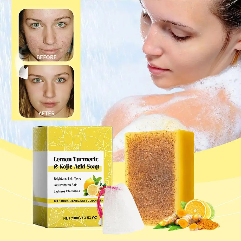 100g Lemon Turmeric Kojic Acid Soap Turmeric Face And Lemon Soap Glowing Pores Firm Clean Wash Turmeric Care Bar, Skin Body N3Y8