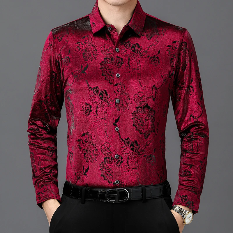 

Luxury Claret Red Velour Shirts Mens Blackish Green Velvet Blouse Gents Casual Mens Clothing Large Sizes Social Gentleman Tops