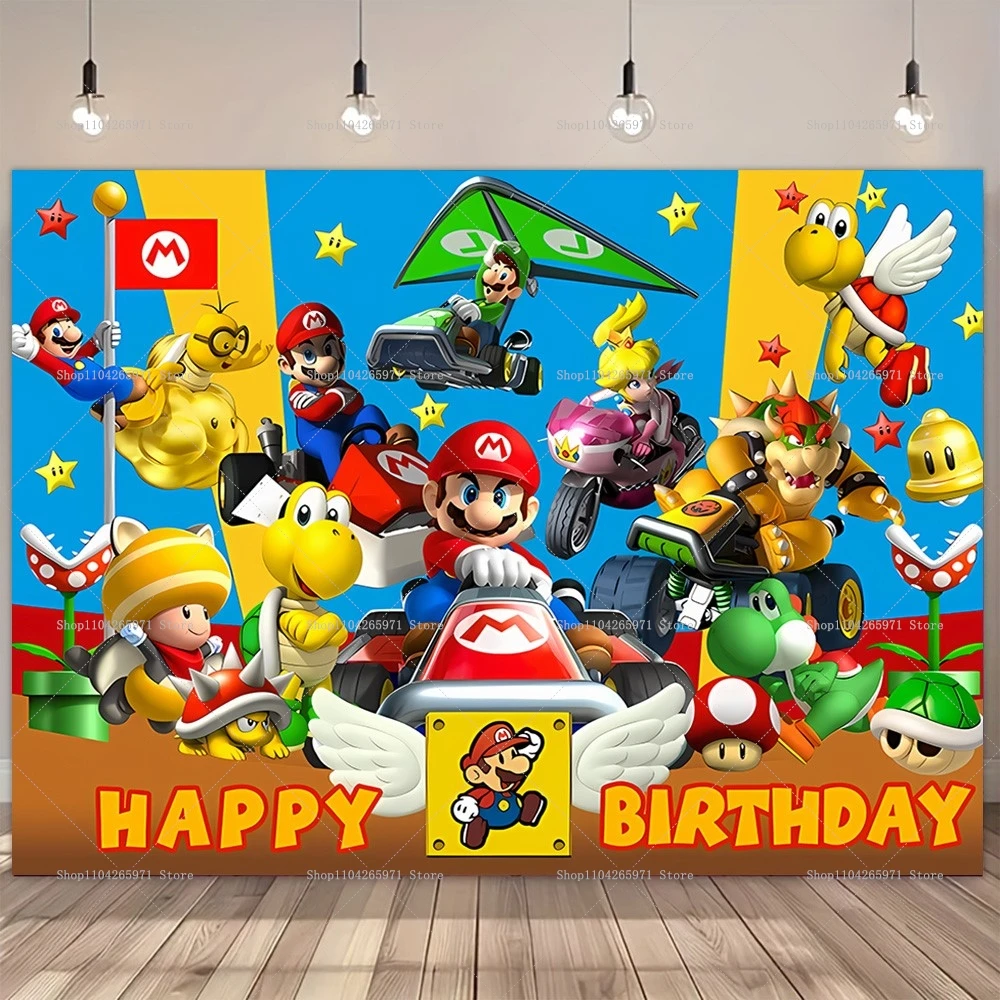 Fondo fotográfico de Super Mario Bros, decoración para fiesta de cumpleaños de niños, princesa melocotón, tela de vinilo y poliéster, pancarta de tela de fondo